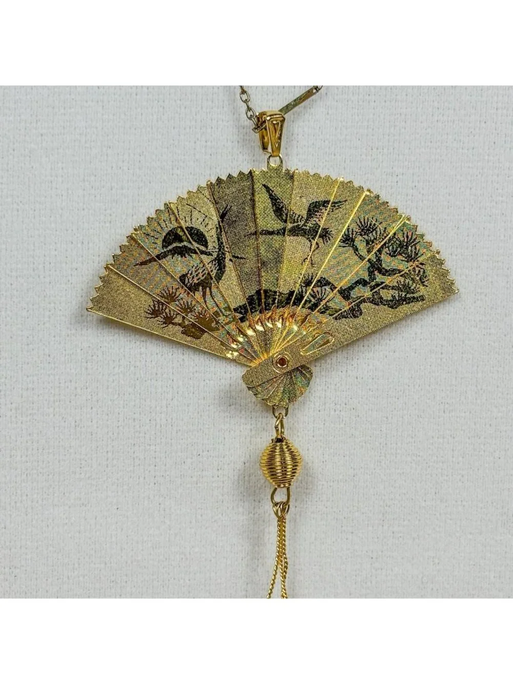 Vintage Japanese Folding Fan Necklace Gold Tone Costume Jewelry Statement C61